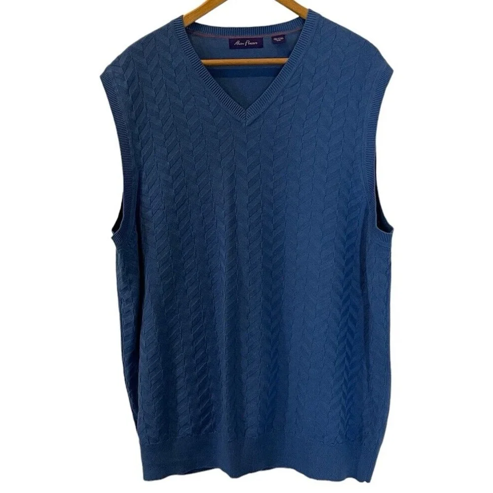 Alan Flusser Sweater Vest Men's 2XL Blue Pull Over V-Neck Knit Golf